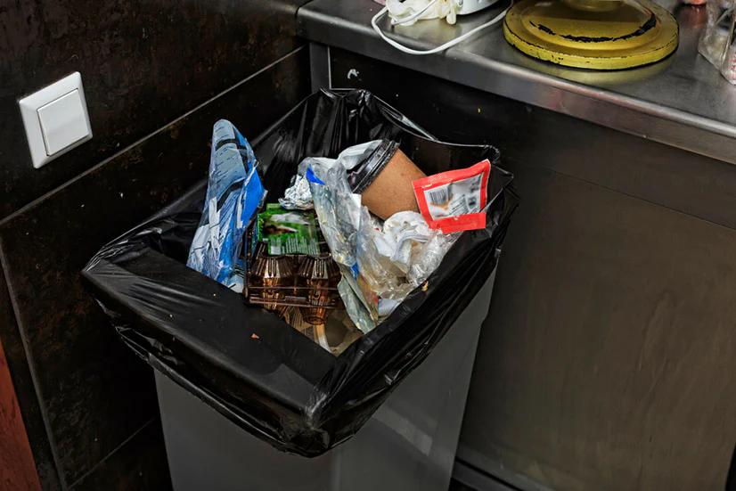 Overflowing trash bin in a commercial kitchen near prep counter